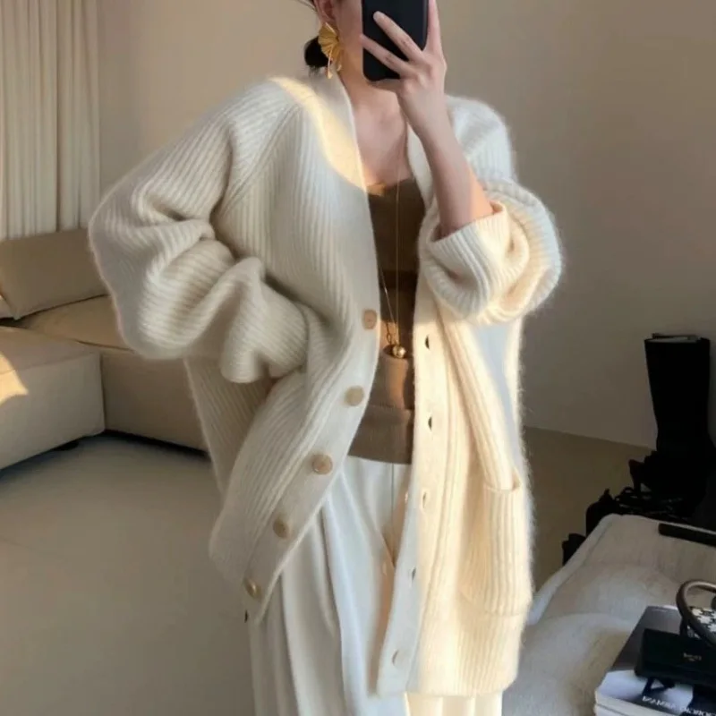 

New Autumn Winter Thickened Wool Cardigan Women Loose Lazy Style Soft Knitted Cashmere Sweater Mid-Length