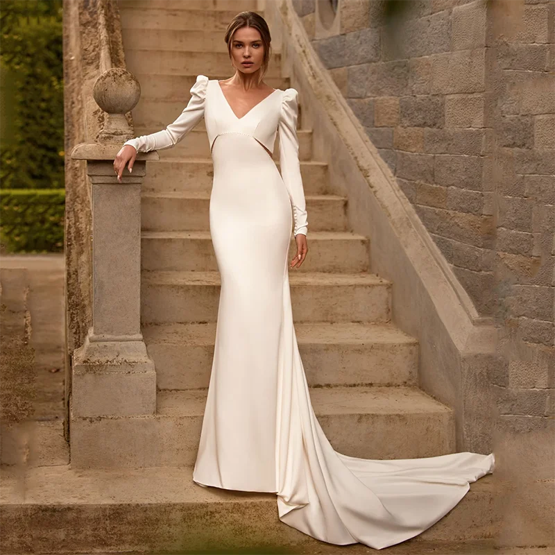 

Eightree Simple Mermaid Wedding Dresses Long Sleeve Backless Bridal Dress Elegant Wedding Evening Prom Gowns bestidos de novia