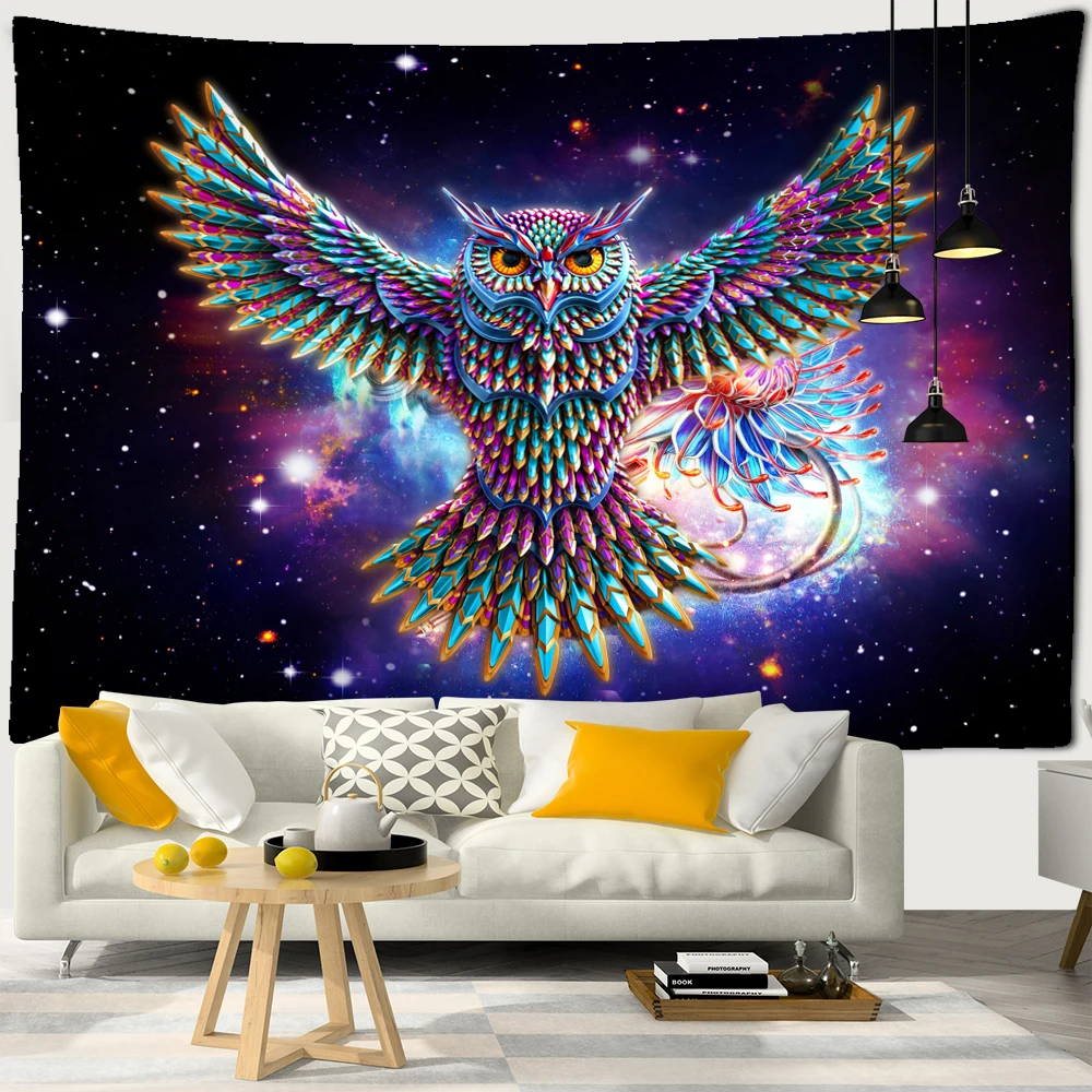 Home Decor Colorful Psychedelic Owl Print Polyester Tapestry Boho Dark Witchcraft Academy Room Backdrop  UV 