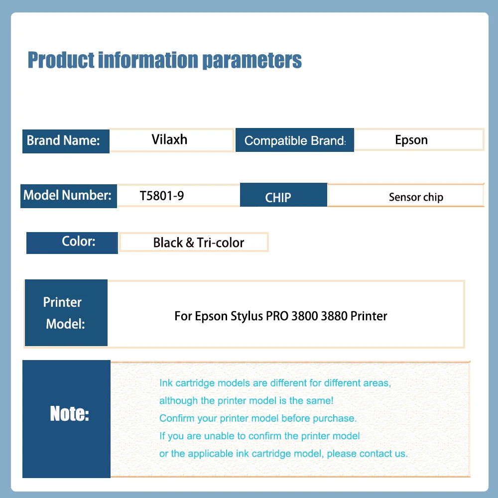 Vilaxh T5801-T5809 Refillable Ink Cartridge for Epson Stylus Pro 3800 3880 Printer with Chip Sensor