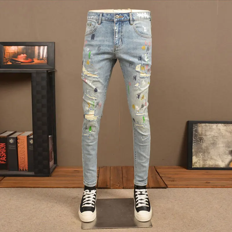 Pantalones vaqueros rasgados Vintage para Hombre, Jeans Retro elásticos, ajustados, diseño pintado, Hip Hop, moda urbana, azul