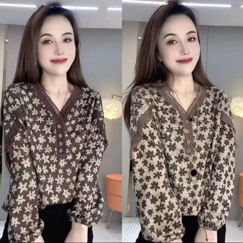 Fashion Print Plus Size Long Sleeve Tops Spring Autumn New V Neck Floral Plus Size Vintage T Shirts Fashion Office Women Clothes