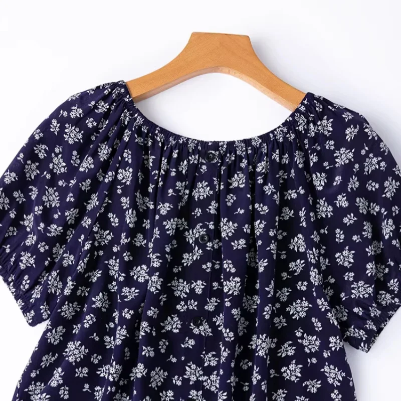 Birdtree, 100% Real Silk Floral Blouse, Double Crepe Tops, Women's O-neck Loose Shirt, Puff Sleeve, 2026 Spring New T63126JF