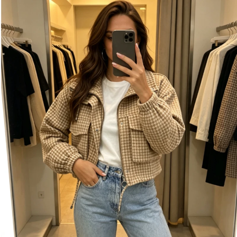 Houndstooth Jacket Ladies 2026 Autumn Stand Collar Zipper Cropped Loose American Style Cargo Pocket Drawstring Hem Fashion Coat