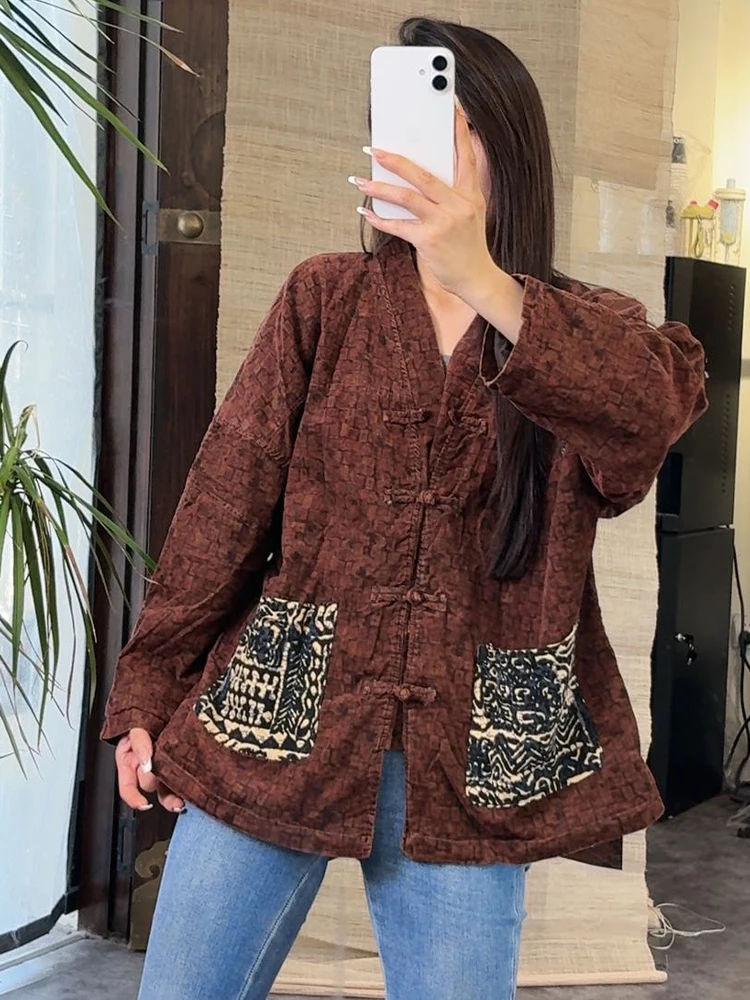 Amax LuluE الصينية 2025 معاطف الموضة الفضفاضة النساء خمر المطبوعة الكلاسيكية سترة السيدات الفاخرة الأزهار القطن الكتان فاسق الملابس