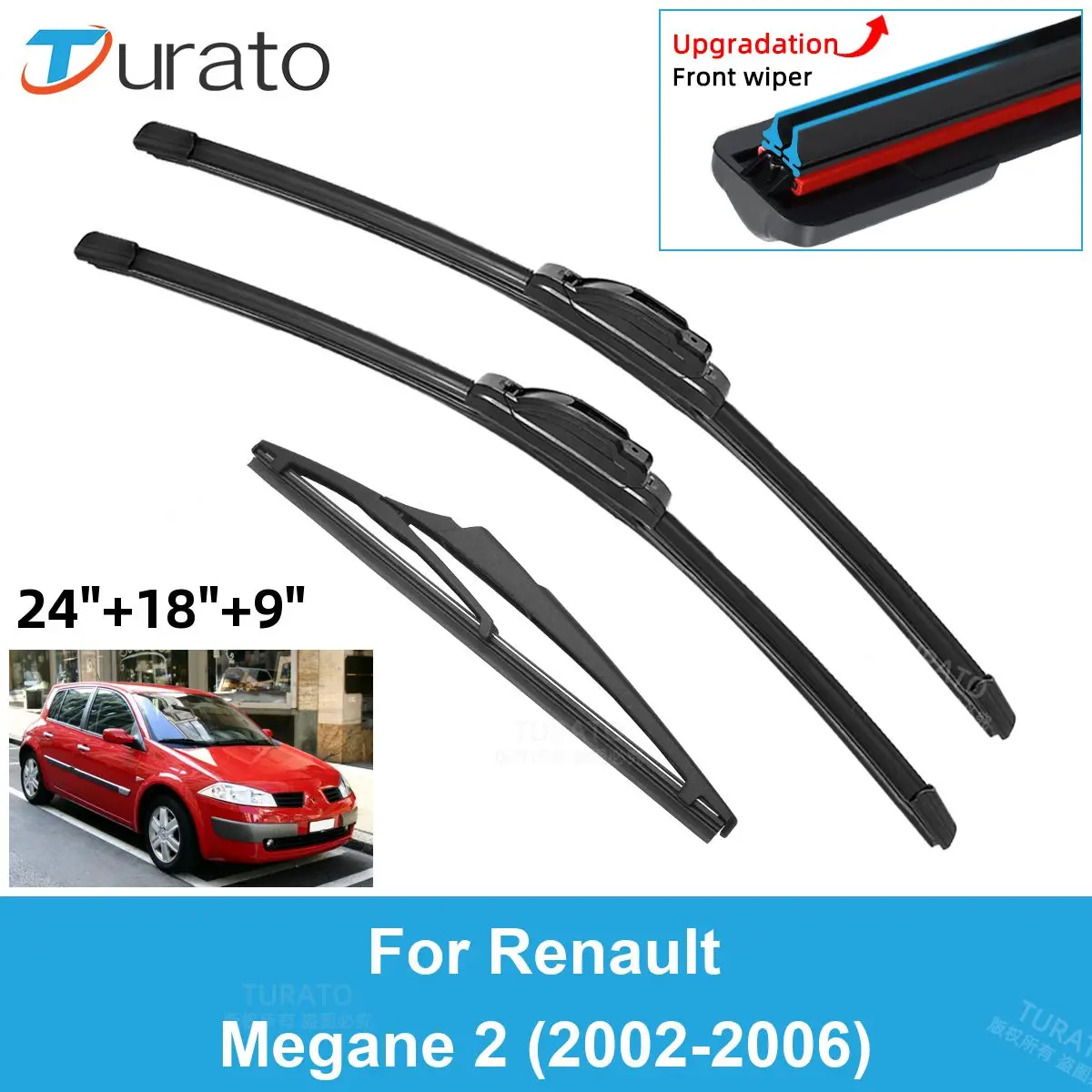 

3PCS Car Wiper Blades for 2002-2006 Renault Megane 2 Rear Windshield Wipers Double Rubber Car Accessories 2003 2004 2005 2006