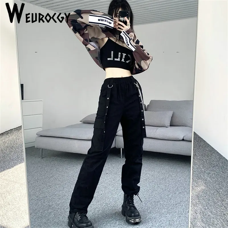 Women Jazz Dance Clothes Camouflage Crop Short Top Reflective Pockets Hiphop High-Waist cargo Track Pants Hip Hop Costumes