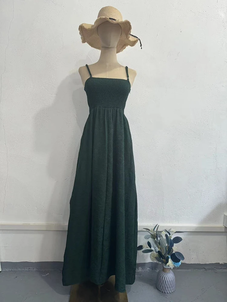 Elegant Green Big Swing Strap Dresses Spring Women Wrinkled Sleeveless Loose Dress Summer High Waist Knee Length Camisole Dress