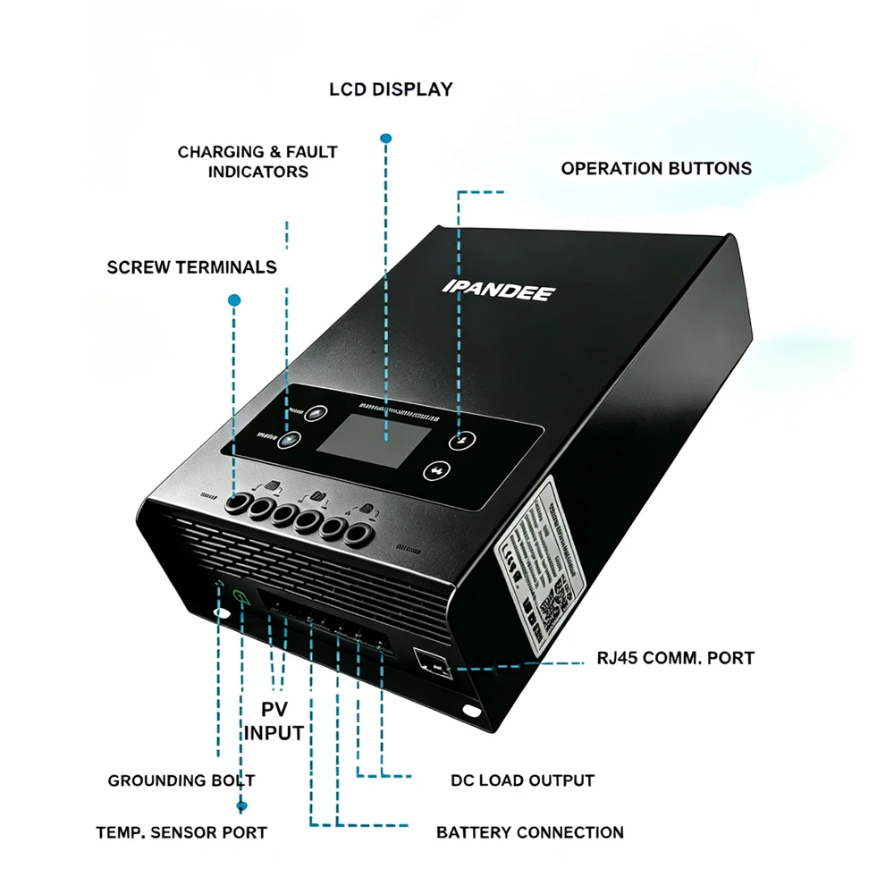 IPANDEE 60A MPPT Solar Charge Controller 12V 24V 36V 48V Auto, 99.9% Efficiency 200V Max PV Input, APP Monitoring Support Solar Panel Regulator for Lithium/Lead-Acid LCD Display RV Off-Grid