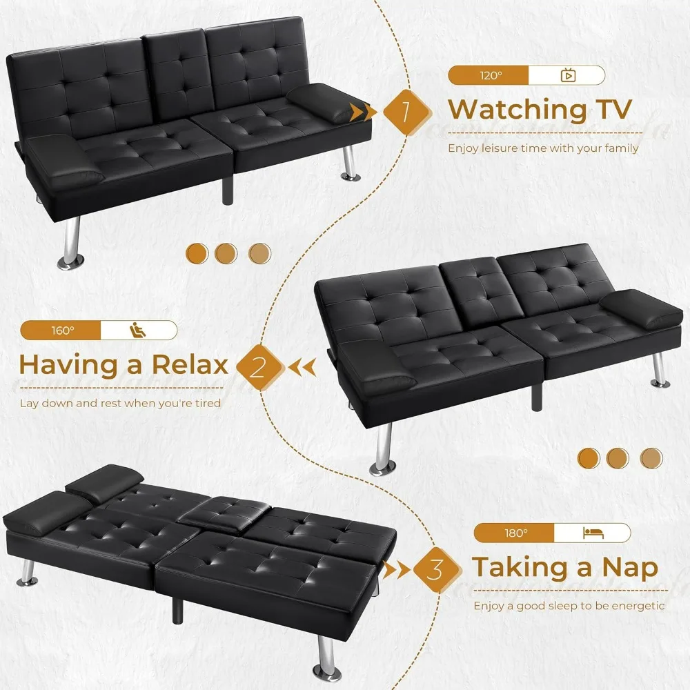 VICTONE Futon Sofa Bed Modern Faux Leather Couch Bed Convertible Folding Recliner for Living Room with 2 Cup Holders and Armrest image 6