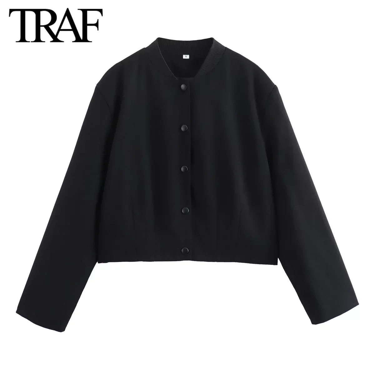 TRAF Women Fashion Autumn Solid Color Loose Pilot Jacket Long-sleeved Single-breasted Stand Collar Short Coats Chic Female Tops