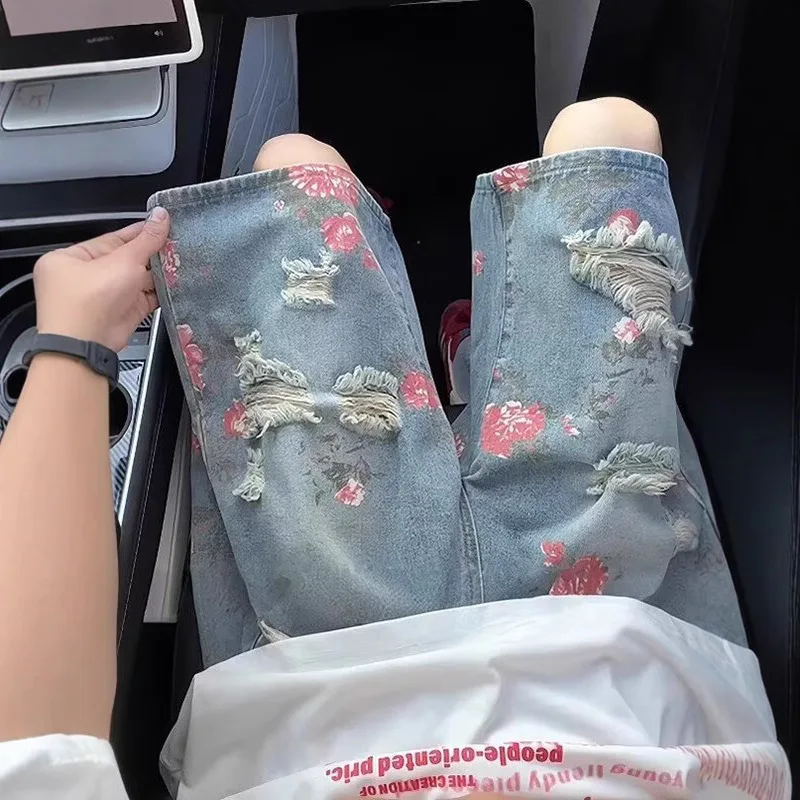 

Retro Japanese Sle Floral Print Hole Denim orts Men's Outdoor Wear American Mid-Calf Straight Leg Casual Loose Fit Jeans