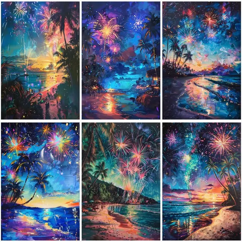 

CHENISTORY Oil Painting By Numbers Beach Fireworks Scenery Acrylic Drawing Canvas Picture For Adult Wall Art DIY Home Decor