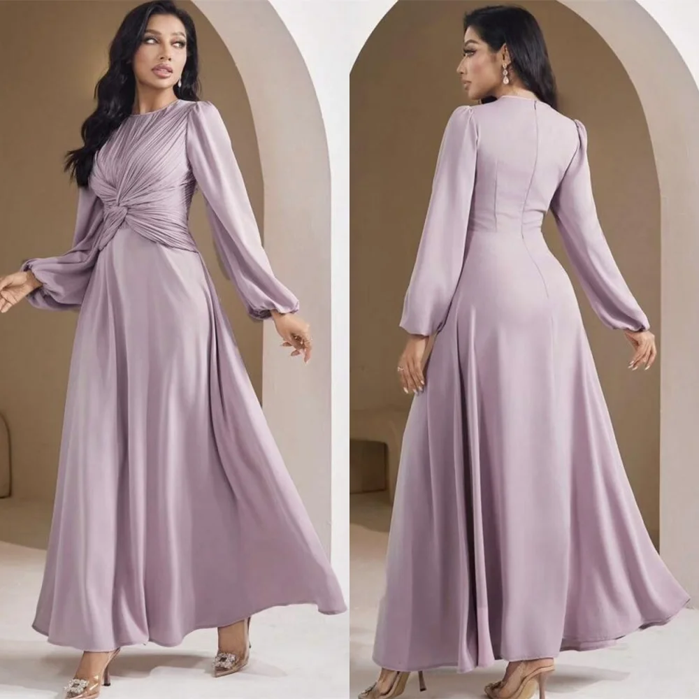 

Customized Exquisite Light Purple Jersey Evening Dress Temperament Crew Neck Long Sleeves Zipper Back Special Occasion Gowns