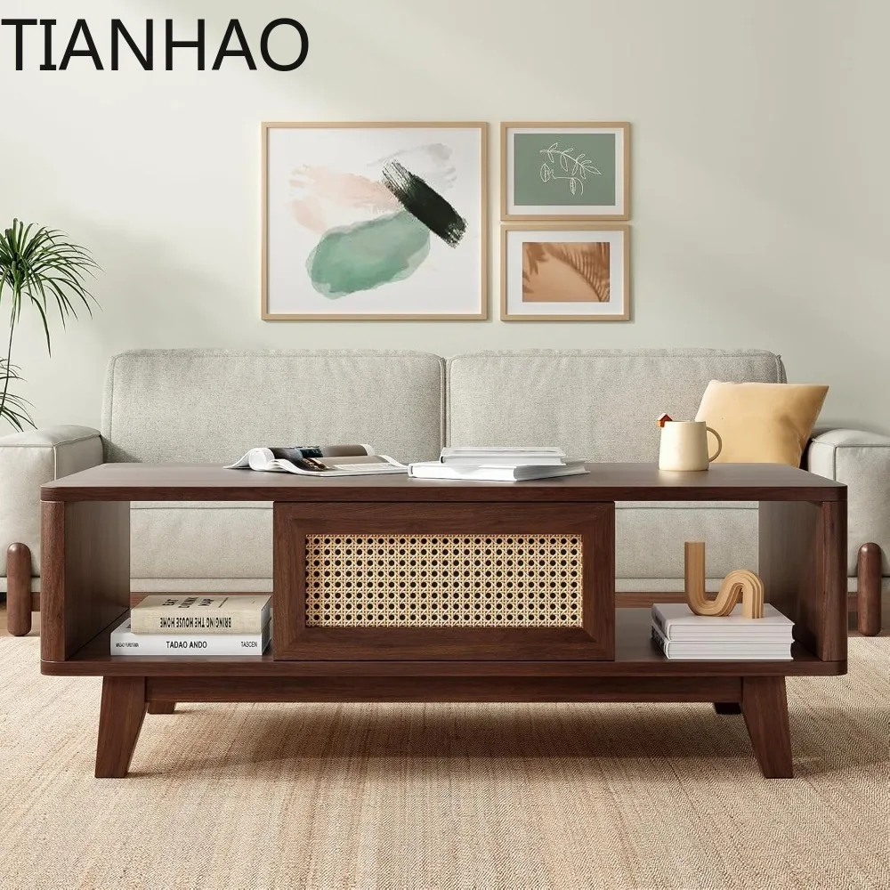 Coffee Table, Mid Century Living Room Tables with Storage, Modern Square with Rattan Drawer, Wooden Living Room Table with Solid