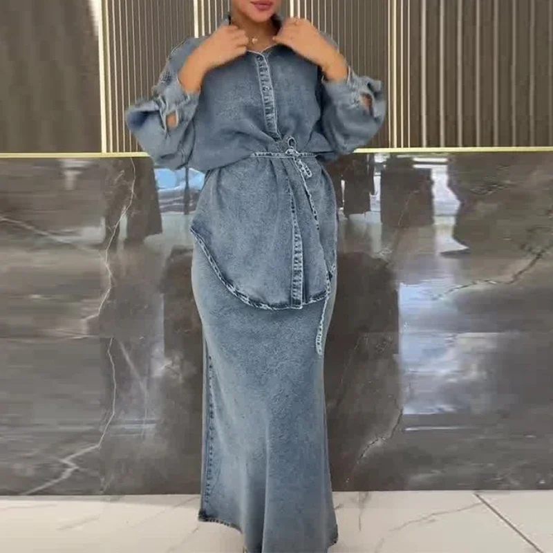 

Модный комплект из двух предметов, осень 2023, новая женская одежда, пояс на талии, джинсовая длинная юбка с длинными рукавами, комплект из двух предметов