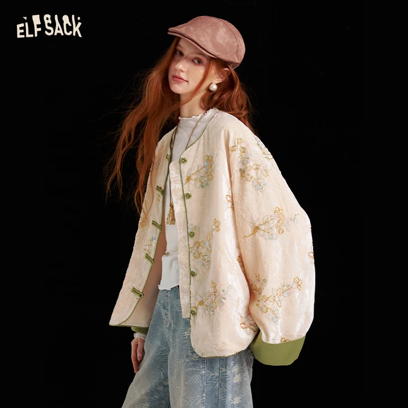 ELFSACK Women's Neo-Chinese Blouse with Floral Print, Oriental Long Sleeve Top, Casual Daily Wear