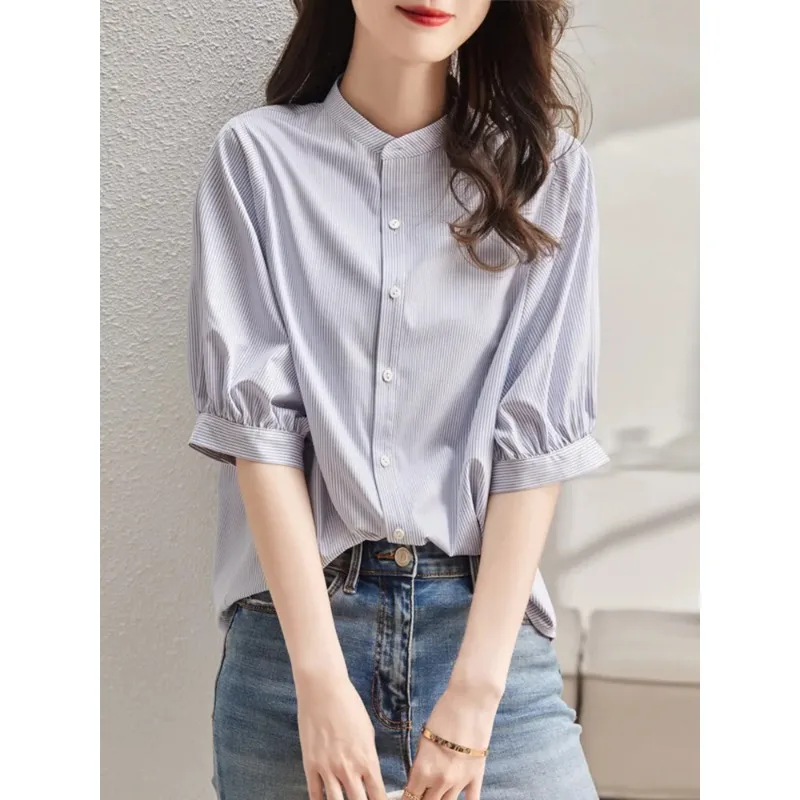 

Женская блузка в стиле ретро с полосками, воротником-стойкой, пышными рукавами до локтя, свободного кроя, шикарная повседневная модель