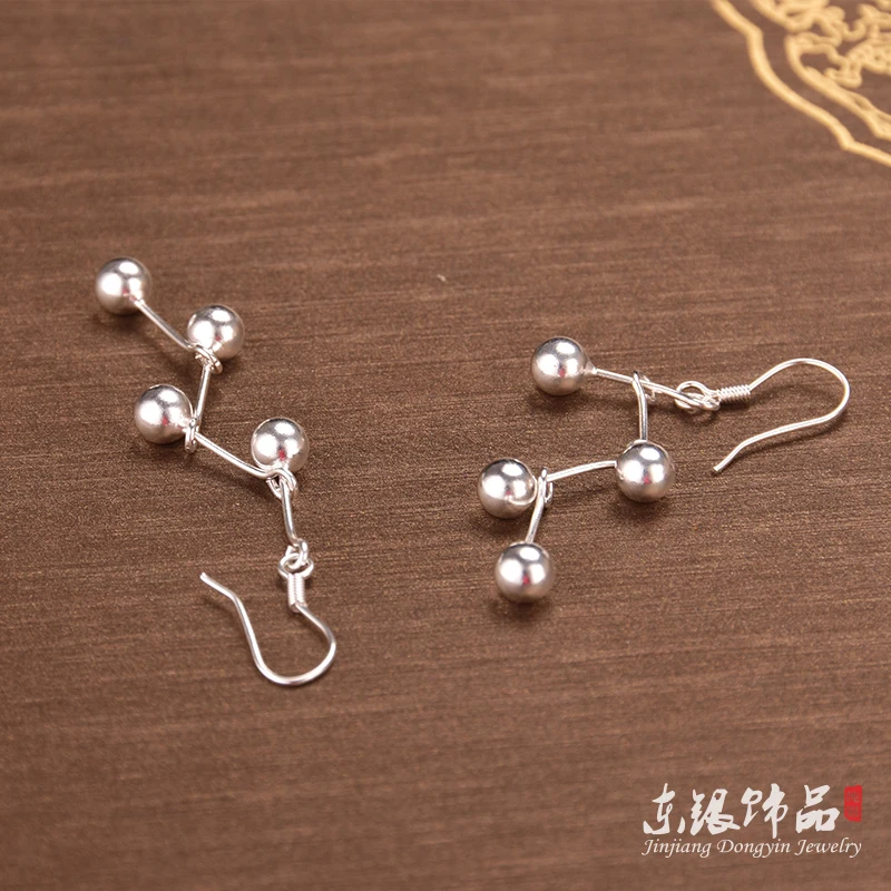 Foot Silver 990 temperament elegant fresh wind simple personality trend long irregular round bead earrings ear hooks