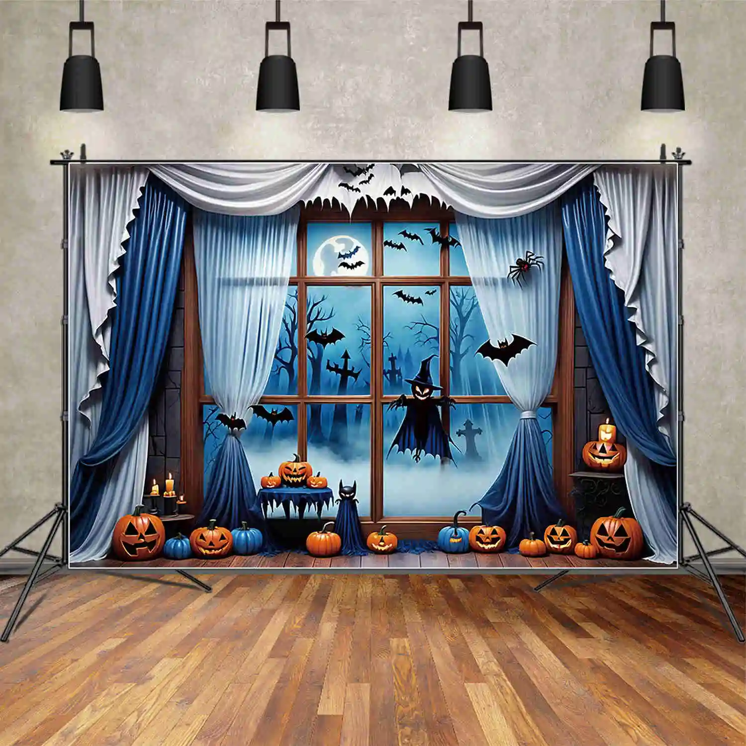 MOON.QG Halloween Indoor Backdrop Castle Window Blue Mountain Castle Background Custom Party Decorations Photozone Accessories