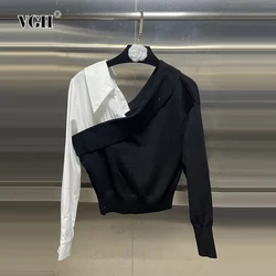 VGH Hit Color Patchwork Knitting Shirt For Women Lapel Long Sleeve Minimalist Casual Slimming Blouse Female Fashion Style New