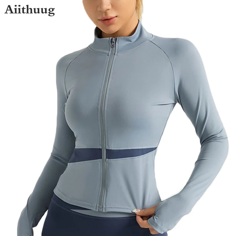 Aiithuug-Jaqueta Feminina de Stand-Up Collar Yoga, Bloqueio de Cores, Casaco com Zíper Completo, Thumbholes, Jaqueta Fitness Respirável, Emagrecedor