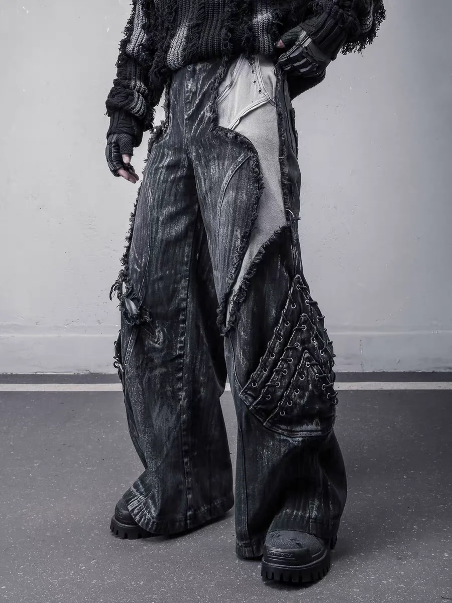 

American Heavyweight Deconstructed Frayed Patchwork Workwear Jeans Men's Trendy Vintage Dyeing Subculture Y2K Pants