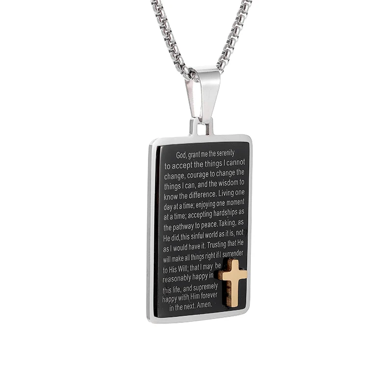 Stainless Steel Religious Cross Scripture Square Plate Pendant Necklace Men Women Christian Amulet Jewelry Accessories