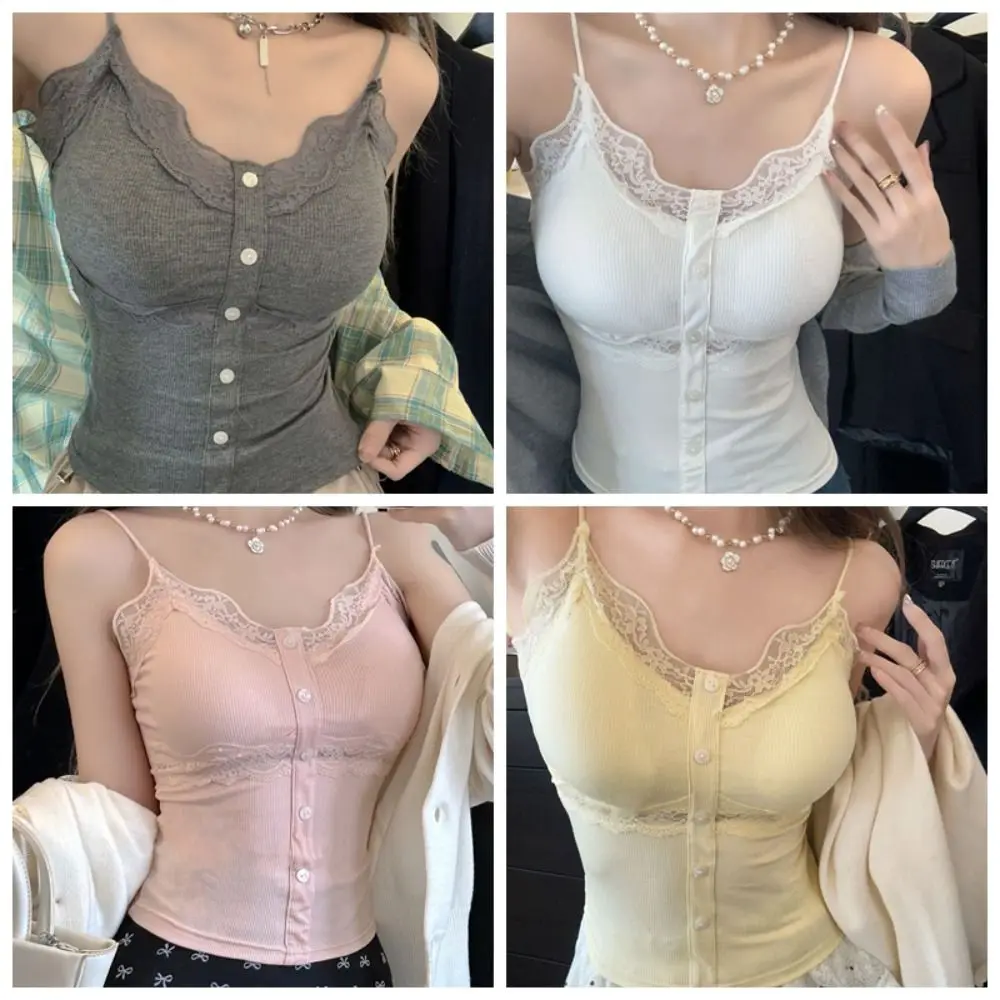 Fashion V-Neck Lace Camisole Slim Fit Strappy Camisole Vest Sexy Design Crop Top Daily Wear