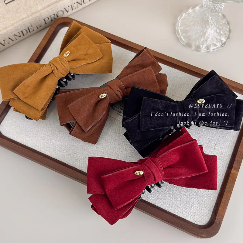 1pc Suede Bow Banana Clip Maillard Style Gold Label Volume Boosting Hair Claw for Women High Ponytail Half Up Hairstyle Elegant