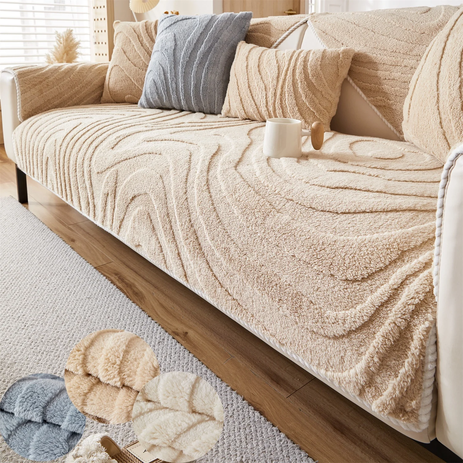 Geometric Lines Jacquard Soft Thicken Tuffed Fleece Sofa Towel Blanket for Living Room Cover Machine Washable Pet Friendly