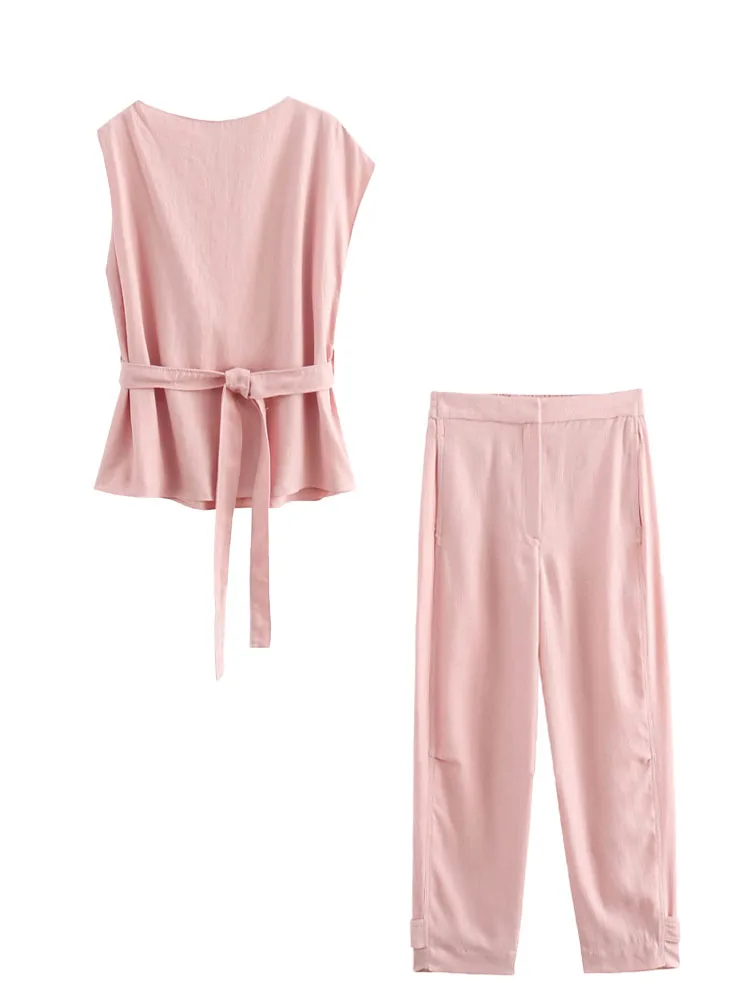 

HH TRAF 2024 Woman Set Pink O-Neck Sleeveless Belt Asymmetrical Tops+Mid-Waist Pocket Zipper Pant Summer Suit Woman Trendy