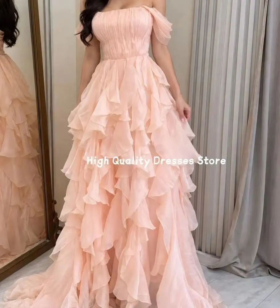 Prom Dress Off Shoulder Chiffon Long Gown Ruffled Tiered Skirt Pleated Bodice Formal Evening Wedding Guest Dress Customized