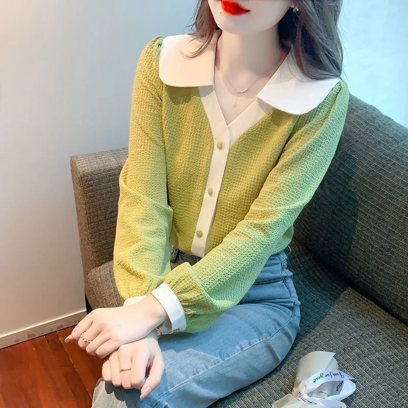 

Long Sleeve Shirts Womens Preppy Plaid Blouses Stand Collar Decorative Buttons Spring Minimalist Feminine Casual Wear