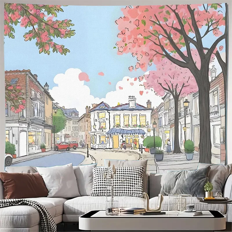Paris Cherry Blossom Street Watercolor Cityscape Wall Tapestry Machine Washable All Season Print Romantic European Design Home