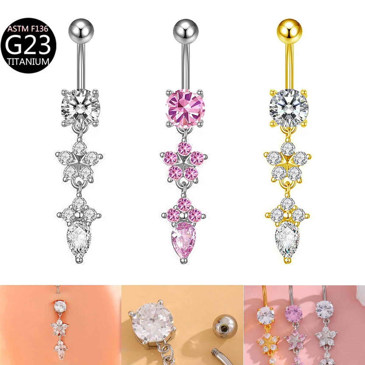 Titanium Ins Luxury Exquisite Flower Long Pendant Navel Stud Drop Diamond Tassel Belly Button Ring Fashion Piercing Jewelry
