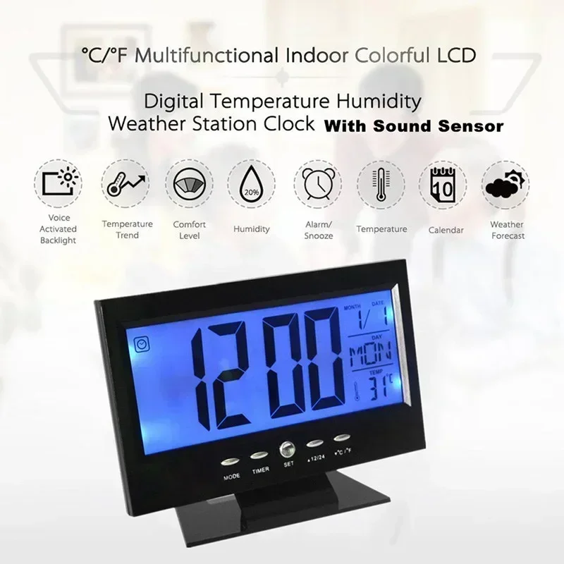 

Perpetual Calendar Hygrometer Weather Thermometer Backlight Digital Snooze Table Decoration Creative Voice Control Alarm Clock