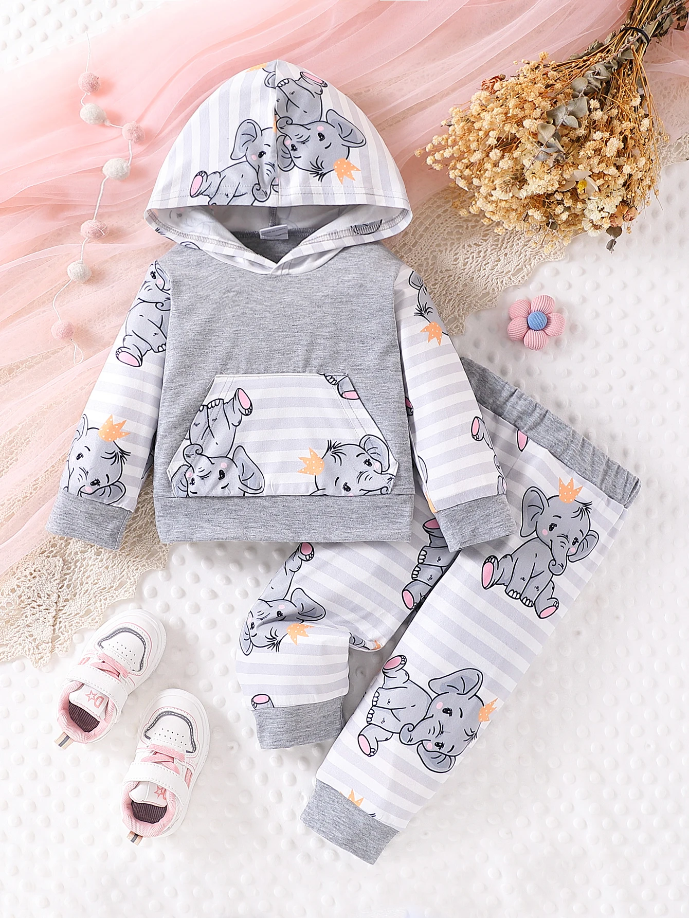 Baby Toddler Long Sleeve Hoodie Set Striped Elephant Print European Style with Pockets Decorative Hat Infant Clothing