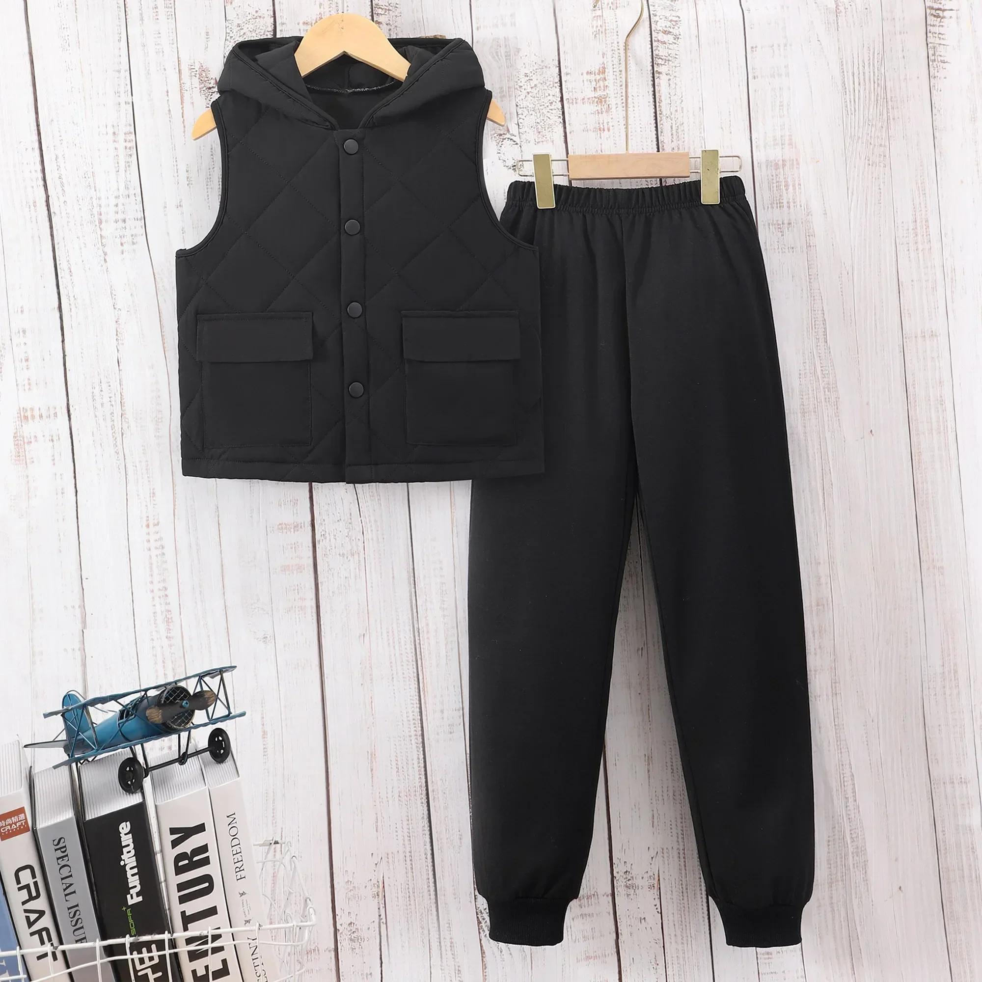2025 Kids Girls Clothing Set Winter Sleeveless Black Hooded 2 Pcs Waistcoat+pants Children Outfits Casual Warm Comfort Boys Suit