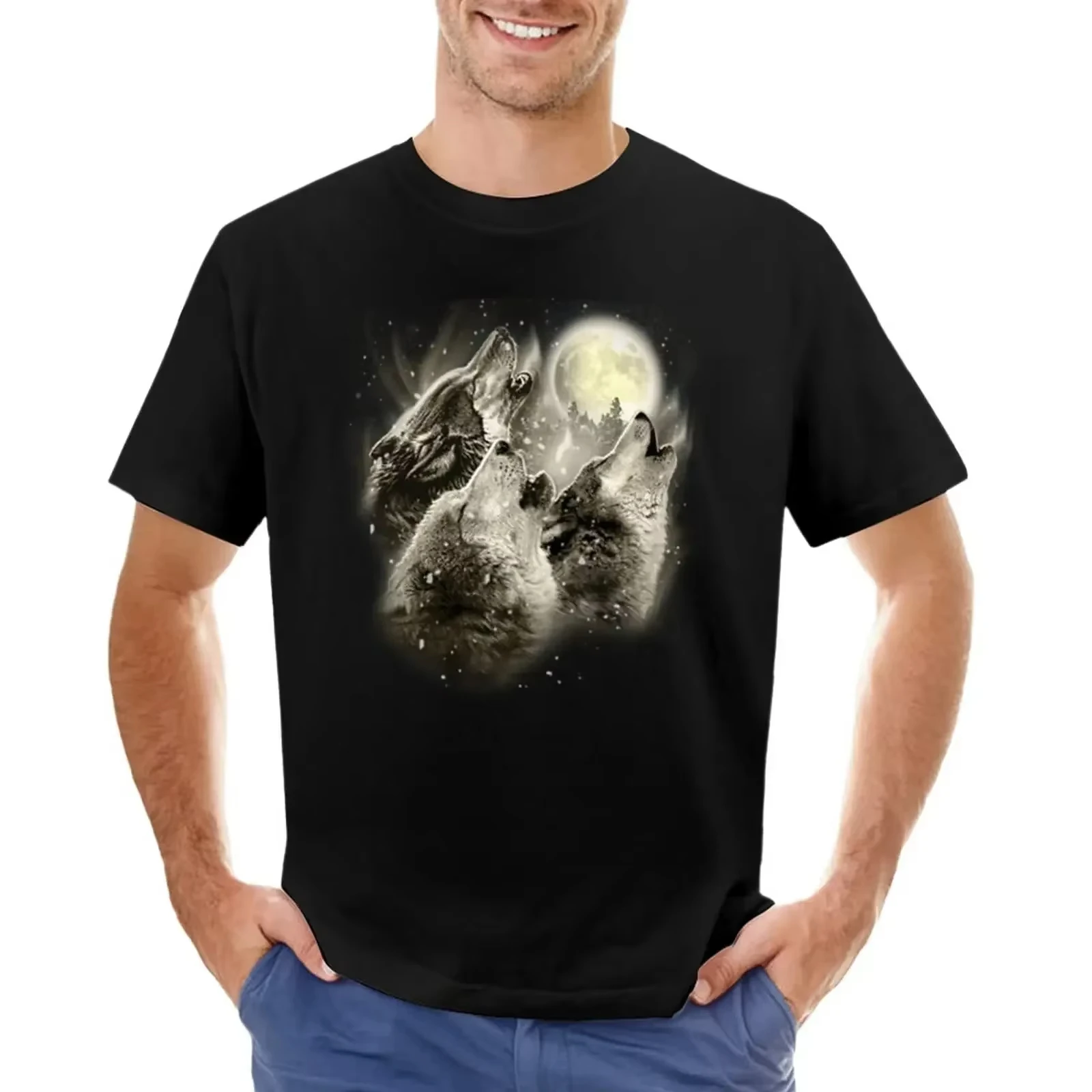 Three Wolves Howling in Moonlight T-Shirt Boys Animal Print Vintage Mens Tall T Shirts Men Customized T-Shirts for Men HOT SALE