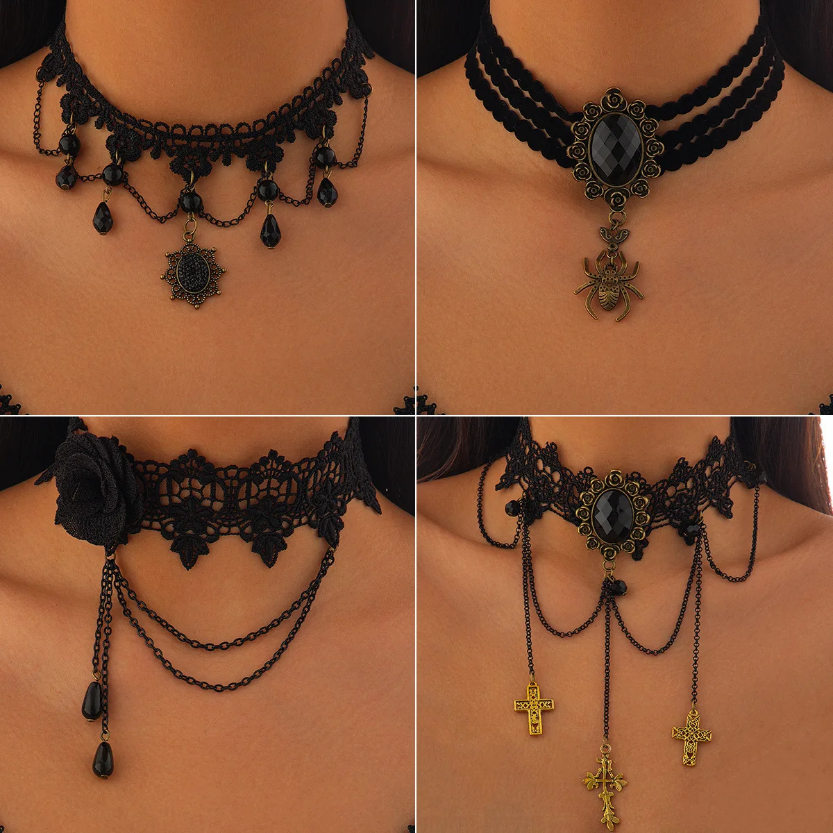 Choker Necklace Vintage Gothic Lace Metal Cross Pendant Tassel Dark Elegant Party Jewelry Women Black Adjustable Premium