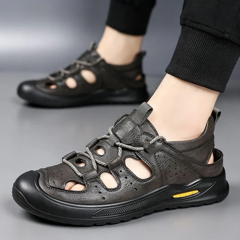 All Match Comfortable Round Head Soft Leather Sandals Men's Beach Shoes 2026 Summer Flat Heel Casual Clogs for Office Daily