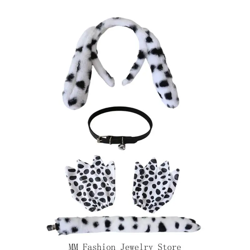 

4Pcs Dalmatian Puppy Costume Set Ear Headband Tail Bells Choker Gloves for Kids Halloween Christmas Animal Cosplay