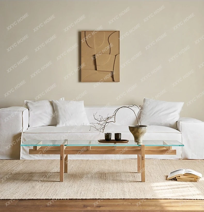 XM Solid Wood Coffee Table Glass Modern Log Wind Living Room Simple Tea Table