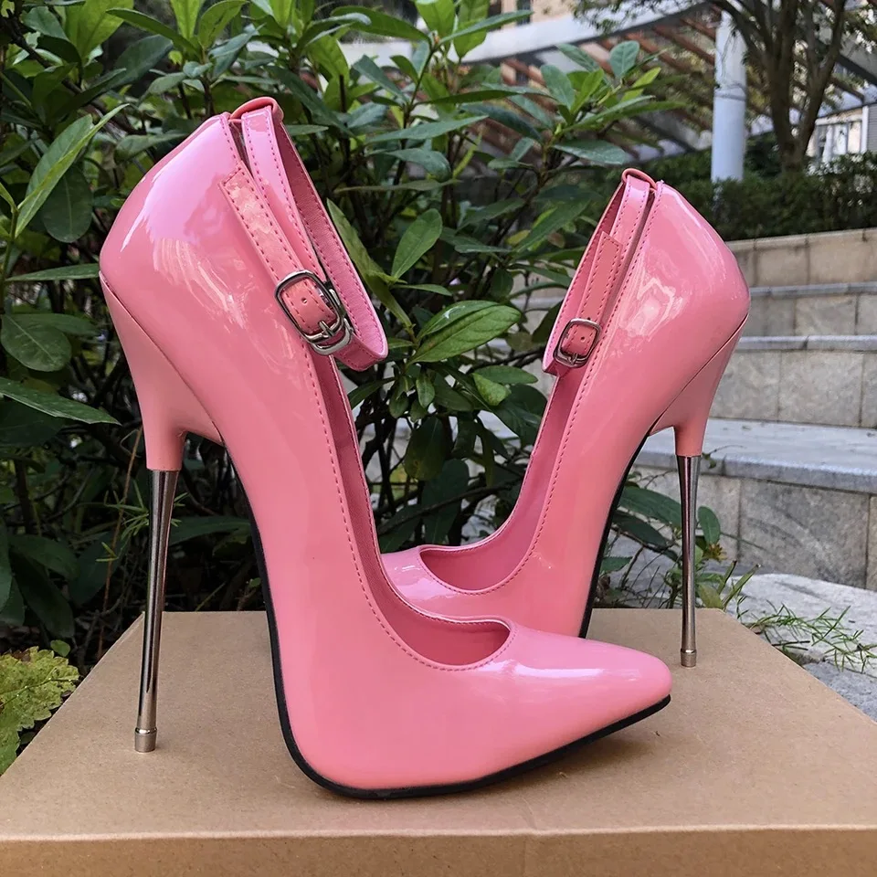 Women Ultra High Heels 16cm Stilettos Pumps Ankle Strap Fetish Gay SM Unisex Drag Queen Man Shoes Big Size 44 45 46