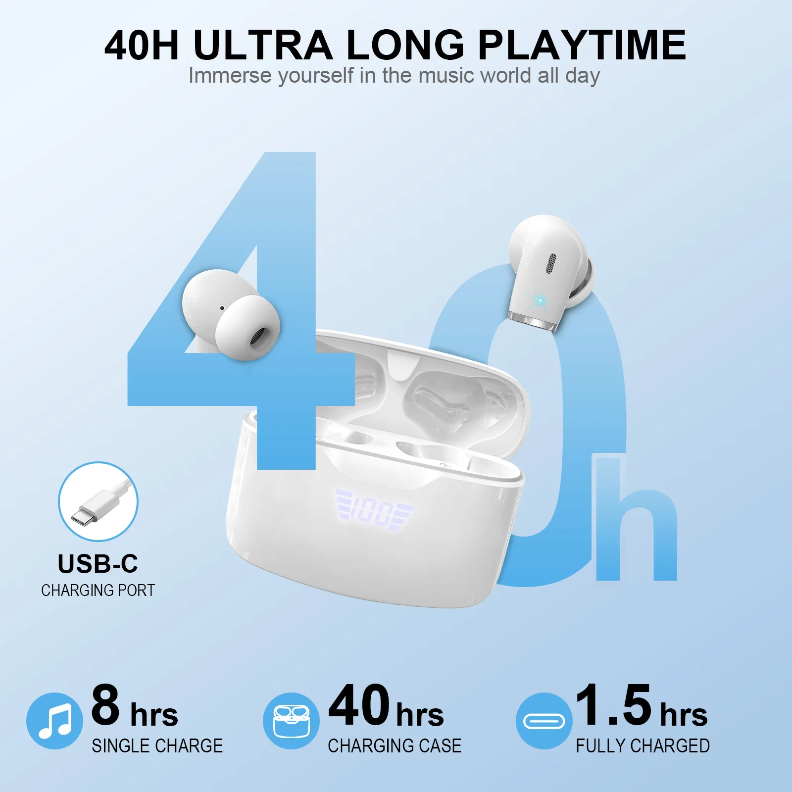 Wireless Earbud, Bluetooth 5.3 Headphones Built in Noise Cancelling Mic, 40H Playtime LED Display Wireless Earphones.