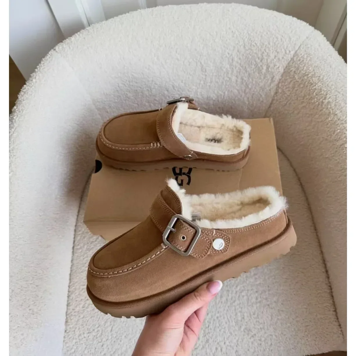 Golden Family Xuanjin Solid Color Buckle Toe Post Slippers Birkens Thickened and Fuzzy Crocogrip Leather UG Wool Sandals