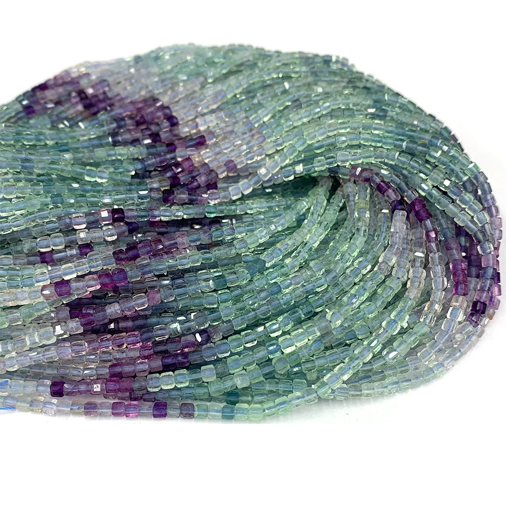 Veemake Natural Green Blue Purple Fluorite Edge Cube Faceted Small Beads For Jewelry Making 08586