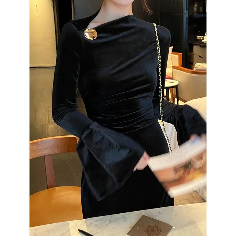 

Black Velvet Temperament Ladies Dresses Spring Autumn New Long Sleeve Solid Simplicity Midi Dress Elegant Vintage Women Clothes