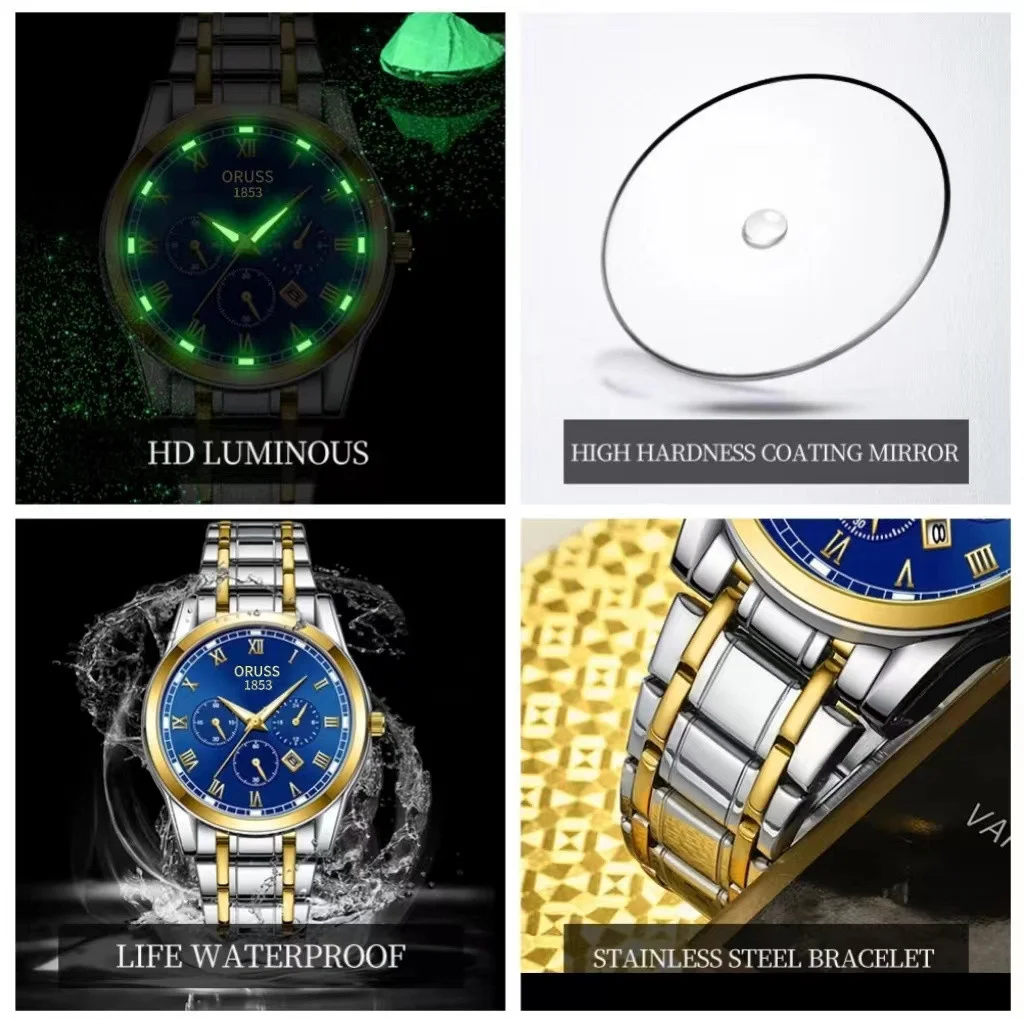 ORUSS Original Luxury Quartz Luminous Watch Men's Watch  for Men Freeshiping Fashion Wristwatches Stainless Steel Waterproof New